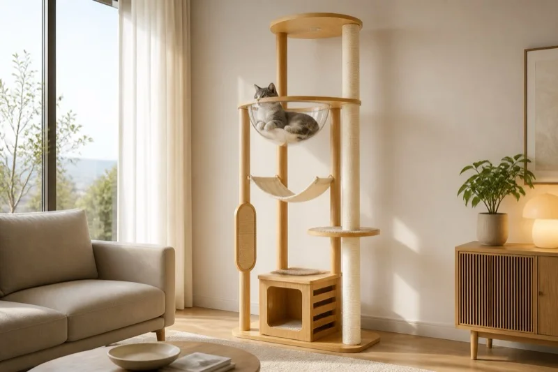 Grey and white cat resting in the clear bowl of an unbranded wooden cat climbing frame with sisal post and hammock