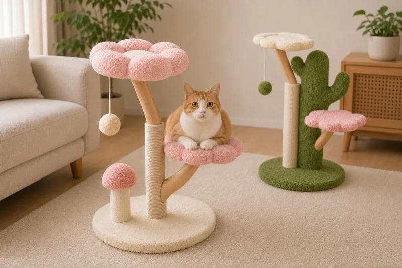 Orange and white cat resting on an unbranded flower-themed cat tree with a cactus-themed cat tree nearby