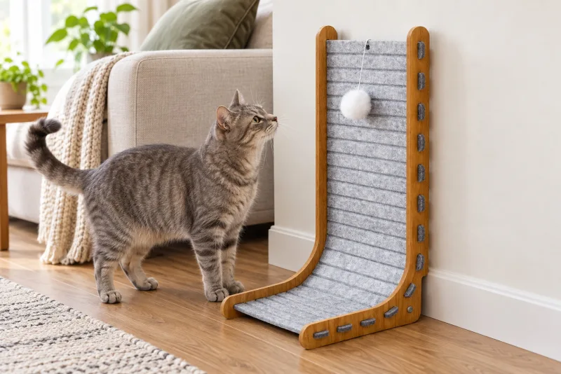 Grey L-shaped felt cat scratcher against a living room wall with a tabby cat beside it