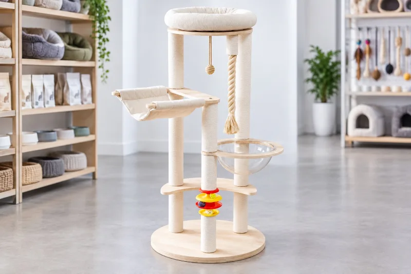 Cream 124 cm cat tree with transparent bowl and hammock displayed in a pet store