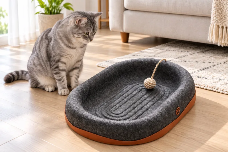 Charcoal oval felt cat scratcher bed with bell ball and a grey tabby cat beside it
